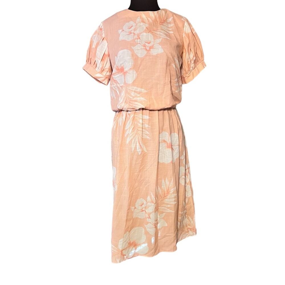 Vtg Peach Pink Tropical Floral Lightweight Retro Feminine Midi Dress M Soft Girl